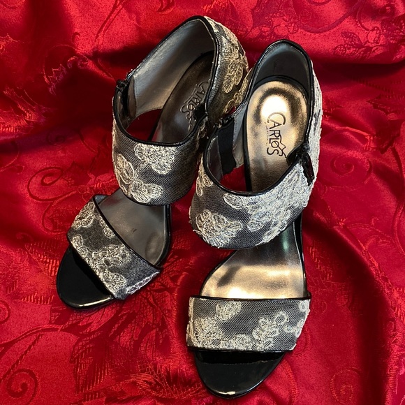 Carlos Santana Black Heels Grey White Embroidery Ankle Strap OpenToe Size 9 1/2 - Picture 1 of 6